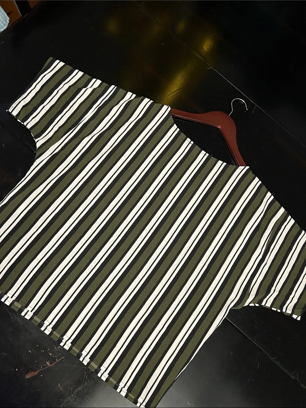 Michael Kors Olive Green Black and White Striped Tie-Front Short Sleeve Top